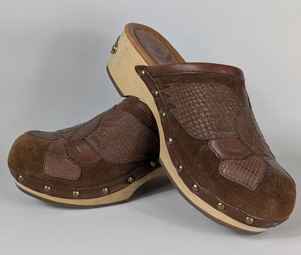 Lucky Brand Womens Wood Leather Platform Block Clogs Brown Size 6.5 M Peace